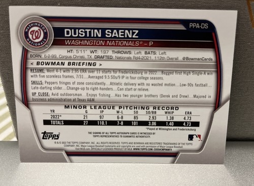 Dustin Saenz 2023 Bowman Prospect Auto Purple Parallel /250 Nationals PPA-DS - Picture 2 of 2