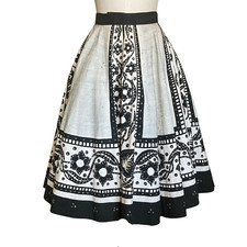 Vintage 1950s Black  Off White Floral Sequin Circle Mexican Skirt  1950s Skirt