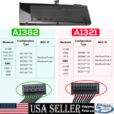 A1321/A1382 Battery For MacBook Pro 15 A1286 Early /Late 2011 Mid 2012 2009 2010