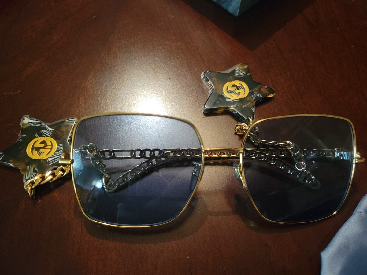 GUCCI 61mm Square Frame Sunglasses In Gold Blue Chain Star Pendant Drops GG0724S Pre-owned Gucci Chain 0724 Gold Blue Detachable Star Pedant  main image 3