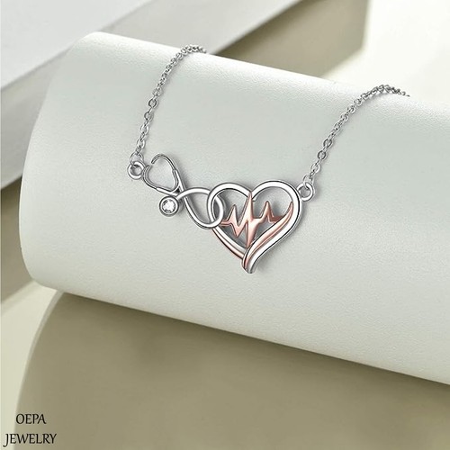 925 Sterling Silver Necklace Nurse Hat Charm Heartbeat Necklace Gifts for Nurses - Picture 2 of 5