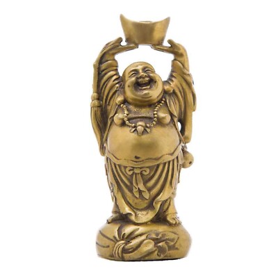 Chinese Fengshui Handmade Brass Laughing Buddha Holding Ingot Figurine Wealth...