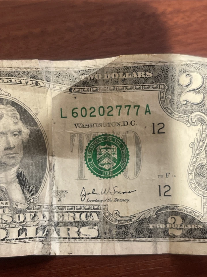 $2 Two Dollar Bill Rare 2003A Series A - Image 2 of 3