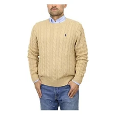 Polo Ralph Lauren Crewneck Cotton Cable-Knit Sweater with Pony - Tan Brown