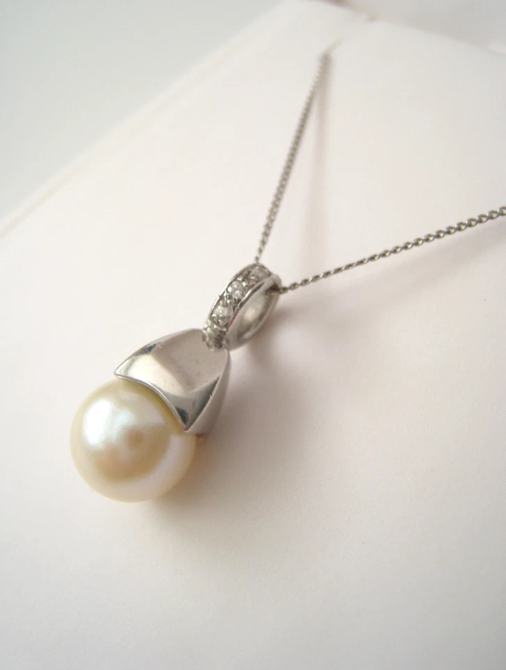 Красивый - 9CT твердого белого золота реальный жемчуг и бриллиант ожерелье с цепочкой - Изображение 4 из 4