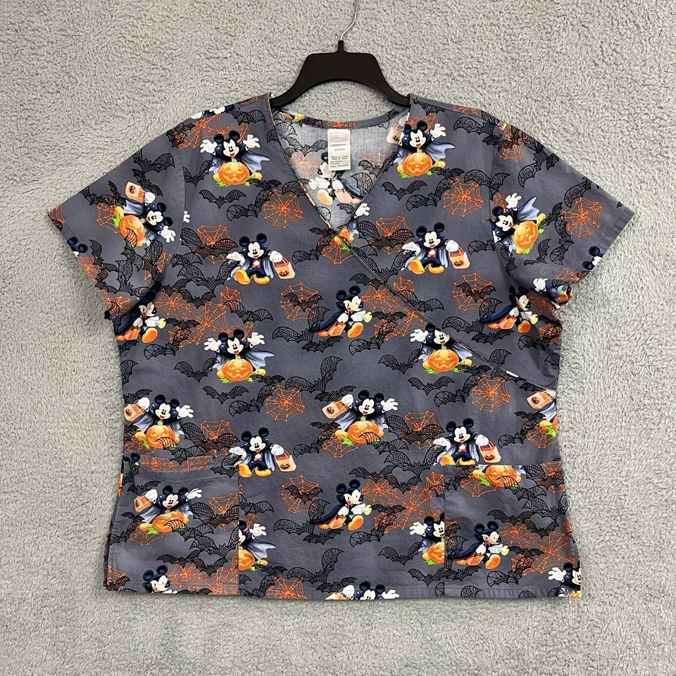 Disney Mickey Mouse Halloween Scrub Top Womens 2X Pockets Back Waist Cinch Tie - Image 4 of 4