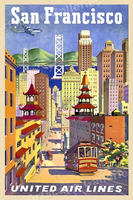 Visit San Francisco 1950s Vintage Style Airline Travel Poster - 16x24