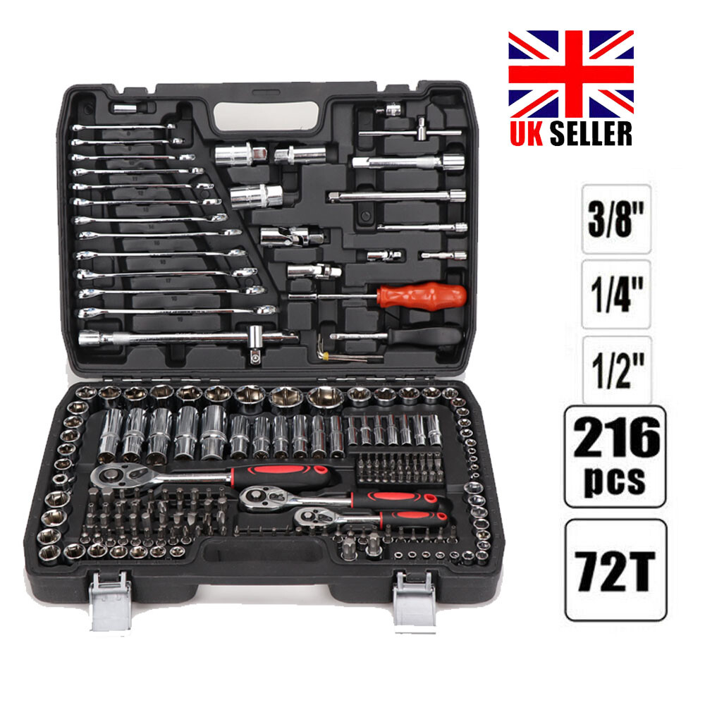 Professional 216 PCS Socket Set 1/2" 1/4" 3/8" Handle Ratchet Spanner Tool Kit