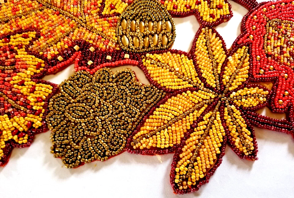 Beaded Table Runner 36x13" Autumn Flowers Thanksgiving Floral India Hand Crafted - Image 2 of 4