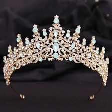 Wicked Silk Prom, Quinceanera Jeweled Crown Tiara Headband - Gold Light Green
