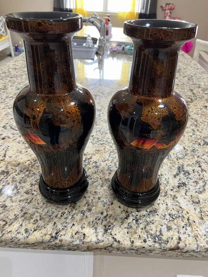 "Juego de jarrones chinos de laca negra pintados a mano escenas asiáticas de 15"" de alto" Foto 2 de 4