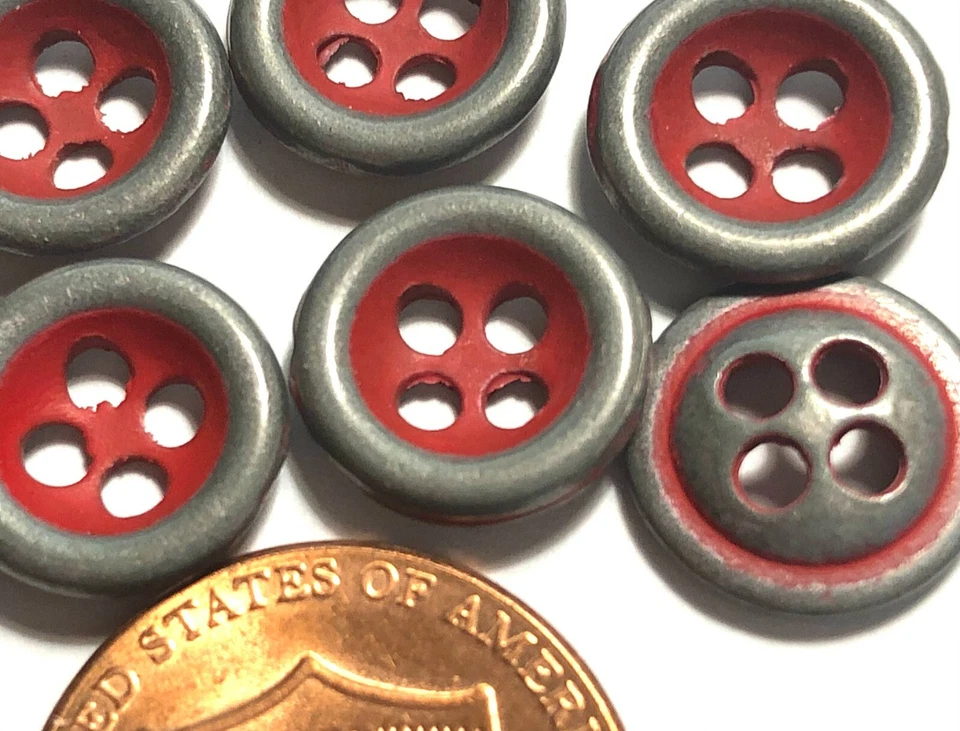 8 Small Gray Tone Metal 4-hole Sew-through Red Paint Buttons 11mm 7/16" 11765 - Image 2 of 3