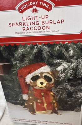 Holiday Time Light Up Burlap Raccoon Outdoor Christmas Rustic Forest Snow Cabin