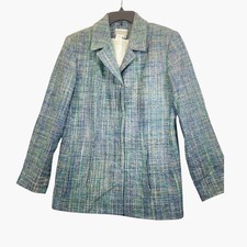 Coldwater Creek Women Size 10 Tweed Blazer Jacket Blue Green Silk Blend Pockets