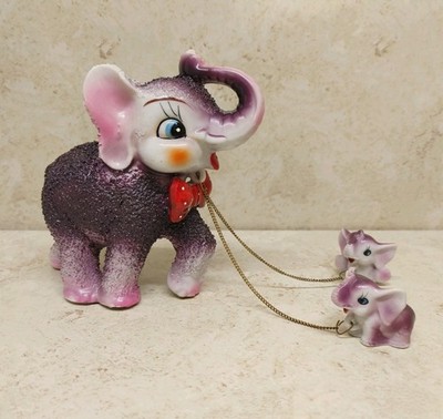 Vintage Purple Elephant Mom & Babies Chains Sugar Glaze Japan 1969 MCM 