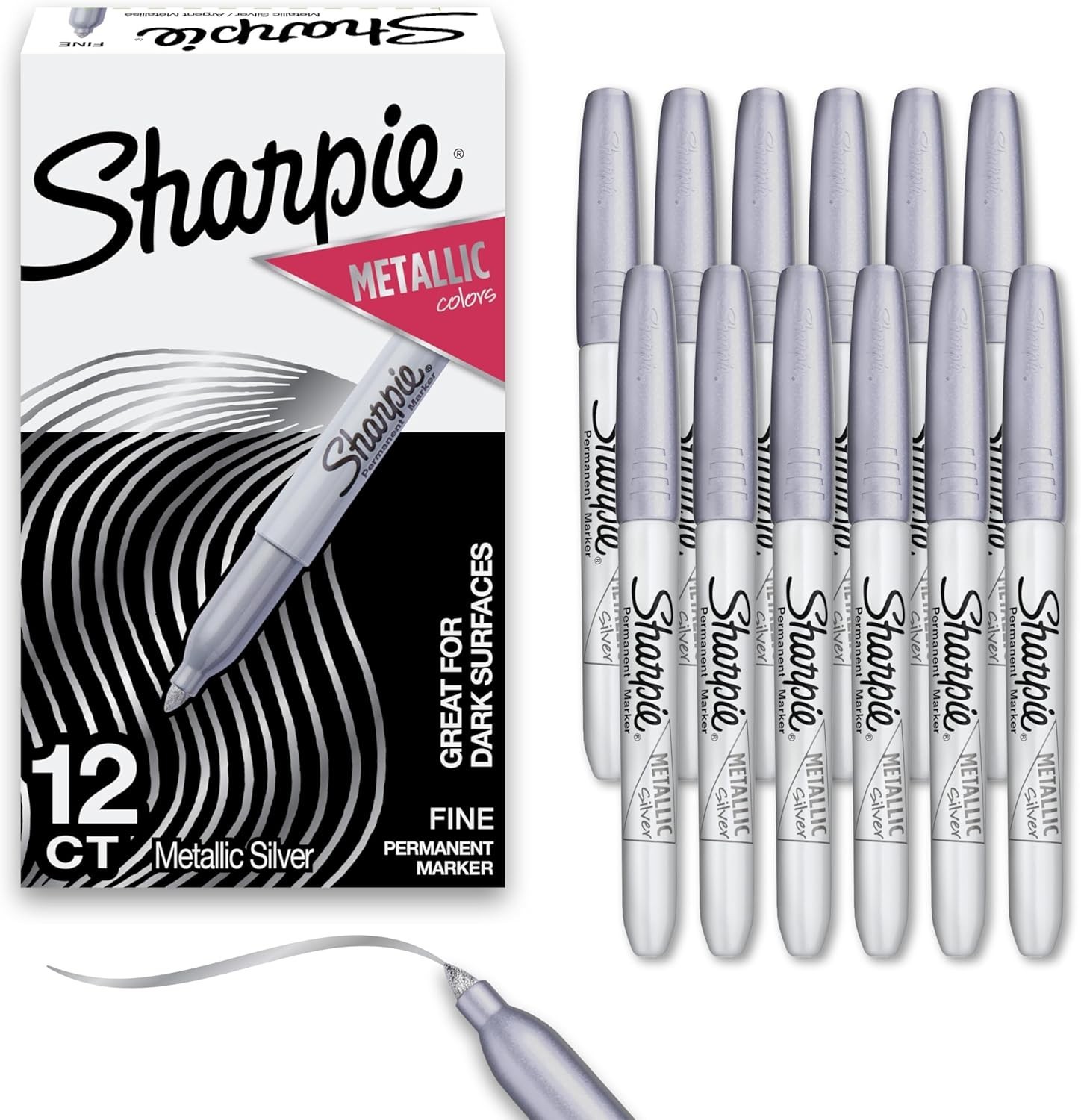 Sharpie Metallic Permanent Markers, Fine Tip, Silver, 12 Count - For Black Paper