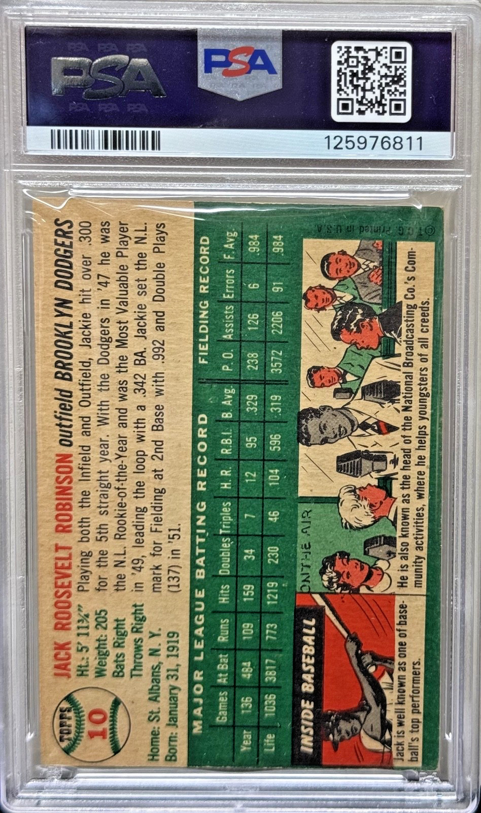 1954 Topps #10 Jackie Robinson Brooklyn Dodgers PSA 4 view 2