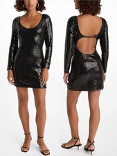 NEW Express Long Sleeve Mini Dress Open Back Black Sequins Large Cocktail Party