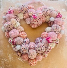 Whimsical Pink Fushia Pompom Heart Wreath Han...
