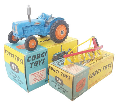 Corgi Toys 1:43 FORDSON POWER MAJOR Tractor #55 + PLOUGH #56 Set C-8+ NMIB`64