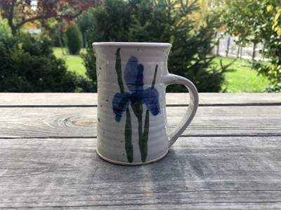 Handmade Studio Beige Glazed Pottery Signed Mug Iris Design - About 4''Wx4.25''H