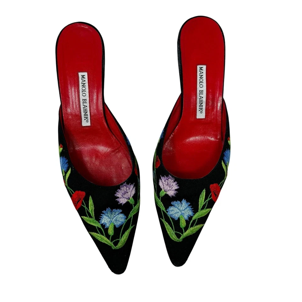 Manolo Blahnik Vintage Floral Embroidered Canvas Mules Point-Toe Covered Heel - Image 3 of 4