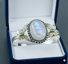 925 Sterling Silver Moonstone Gemstone Handmade Jewelry Cuff Bracelet Size-ADJ