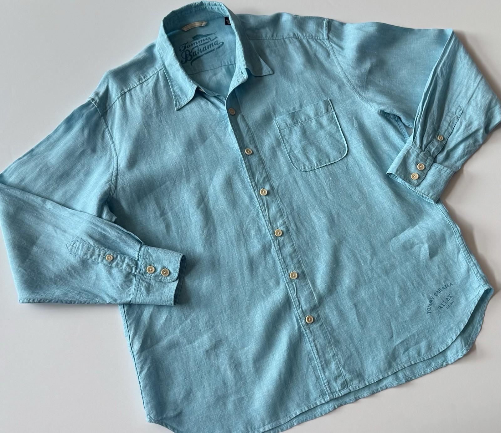 Tommy Bahama Relax Men’s XL Linen Long Sleeve Button Front Shirt Aqua Blue