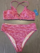 NWT Cupshe XL Pink Textured Floral Scalloped V-Neck High Waisted Bikini Set
