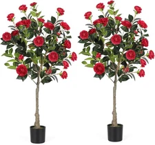 2 Pack 4FT Artificial Camellia Flower Tree Fake Plant Garden Yard Office Decor