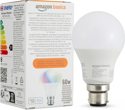 Amazon Basics Smart A60 Multicolor LED Glühbirne, B22 Sockel, 2,4GHz WiFi, 8W
