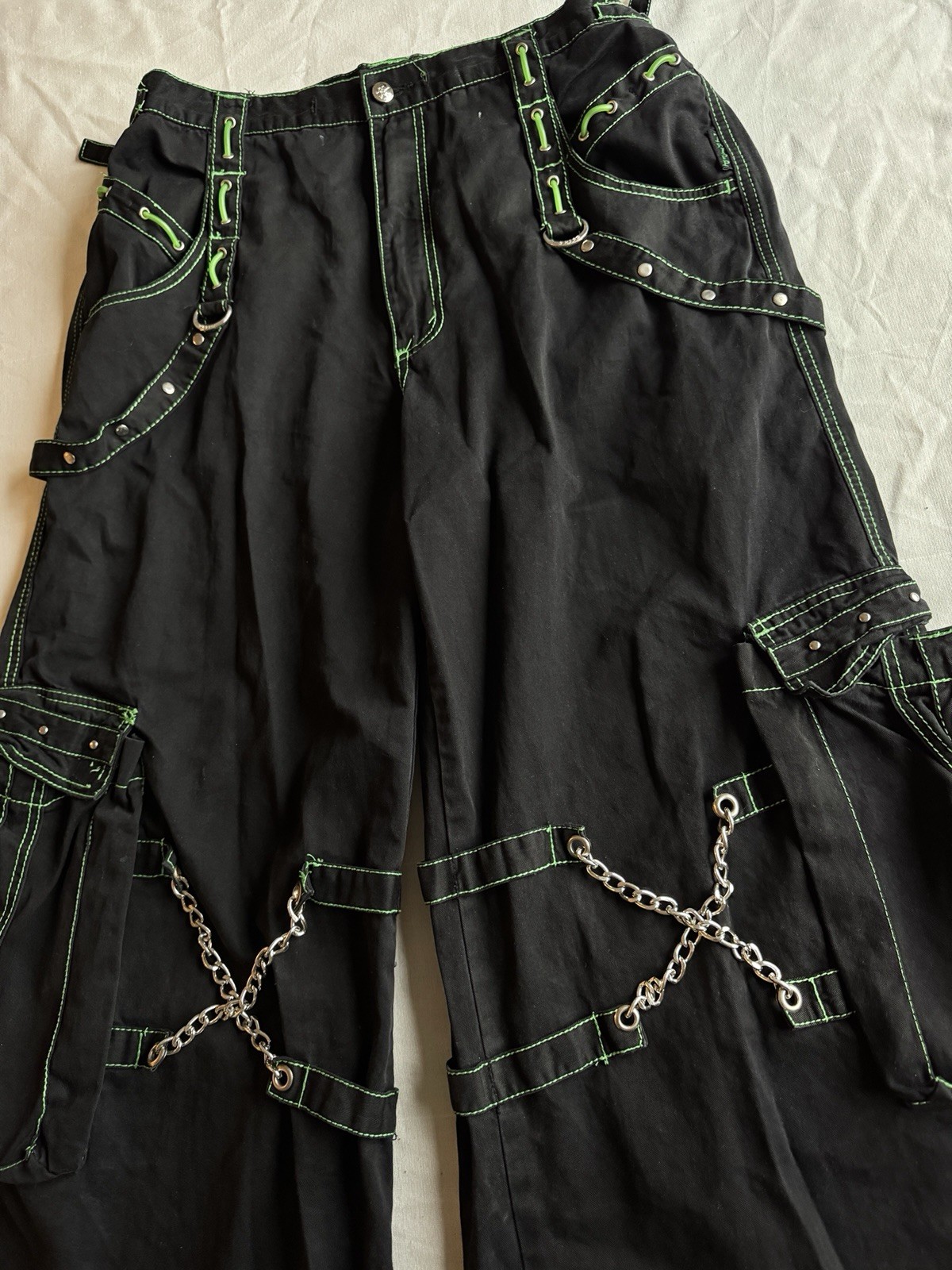 MINT CONDITION VINTAGE TRIPP NYC BLACK LIME CARGO RAVER PANTS CHAINS XL / 38” image 2