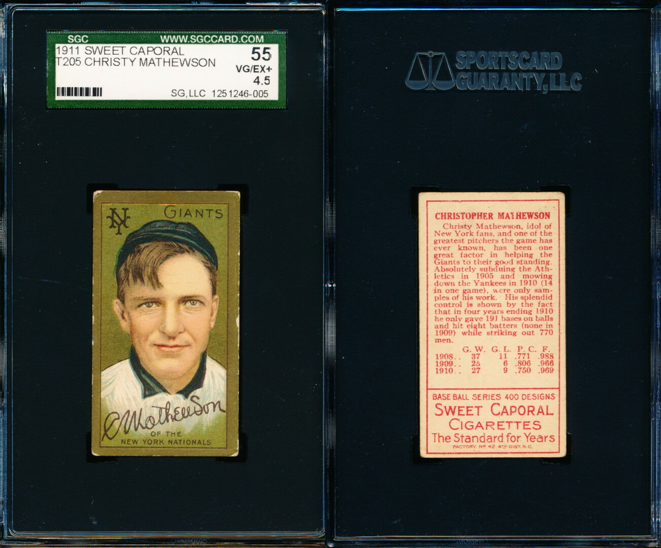 1911 T205 Sweet Caporal Christy Mathewson SGC 55 4.5 VG/EX+