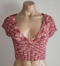 Bebe Retro Small Red Knit Crop Deep V-neck Cap Sleeve Blouse Top