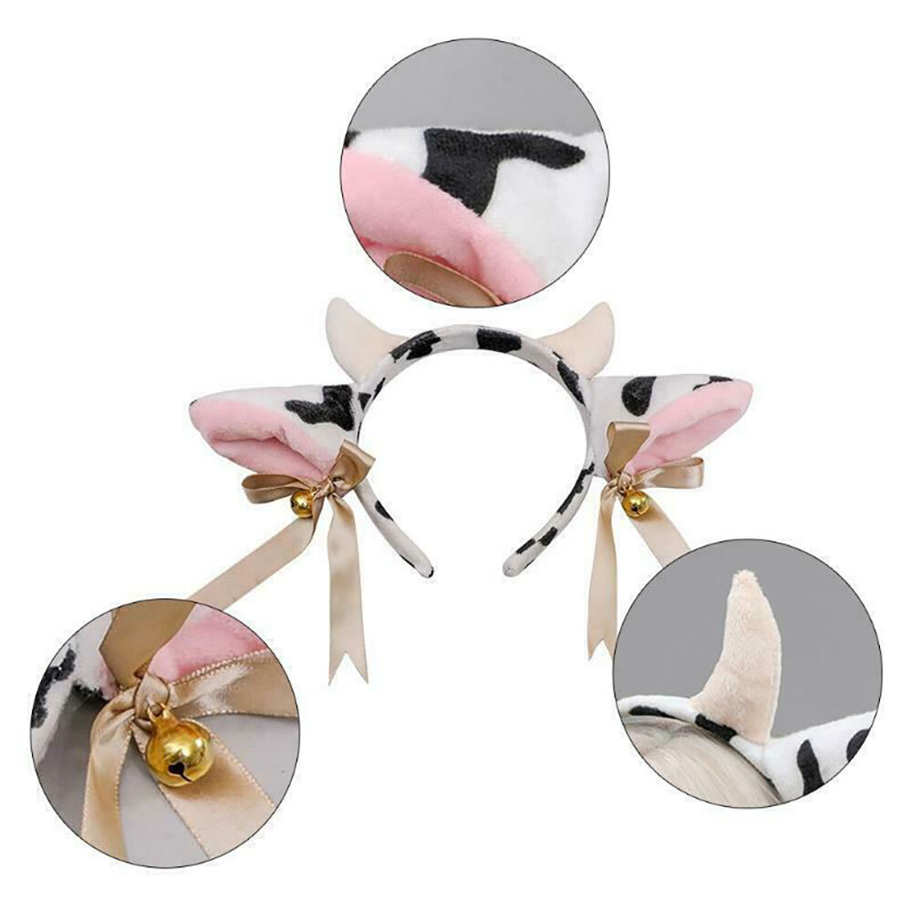Plush Cow Ears Headband with Bells Ribbon Bow Anime Lolita Hair Hoop Cosplay #