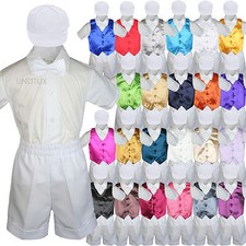 5pc Boys Baby Toddler Formal White Shorts Hat  Bowtie Suit Color Vest S-4T