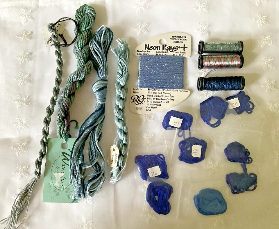 Needlepoint Embroidery Thread Lot of 17 Blues Rainbow Gallery Balger Caron Leahs - Image 1 of 4