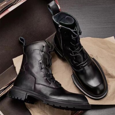 Mens Leather Handmade High Top Shoes Lace Up Motorcycle Ankle Boots Casual Boots