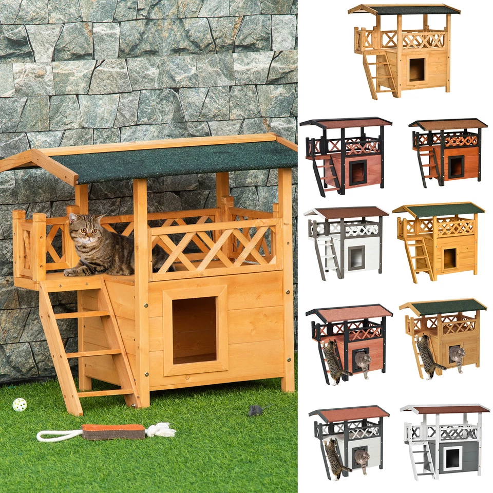 PAWHUT Outdoor Katzenheim Holz Kätzchenhaus Welpenhütte mit Balkon Treppe Dach