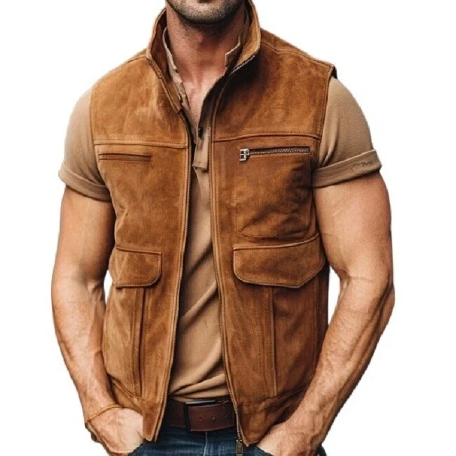 Men Pure Suede Vest Brown Leather Top Sleeves Jacket Casual Waistcoat For Men