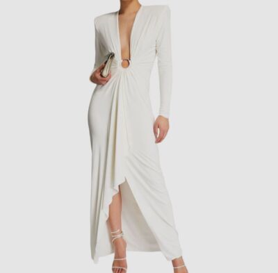 $3560 Alexandre Vauthier Women's White Plunging Embellished O-Ring Dress Size 38