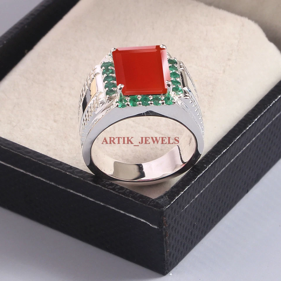 Anillo De Hombre De Ónix Rojo Y Verde Natural Con Plata Esterlina 925 #5805 - Imagen 2 de 4