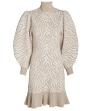 Ulla Johnson Joni Mock Neck Merino Wool Sweater Dress in Zebra Beige Sz S