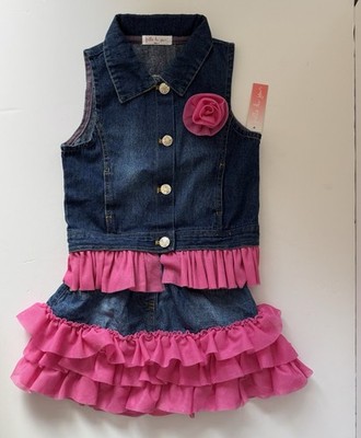 Frills Du Jour Girls 2 Pc Denim Vest & Pink Ruffle Skirt Set Size 5 NWT Top