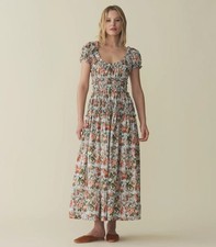 Women Doen Rural retro pure cotton floral bubble sleeve pleated edge dress
