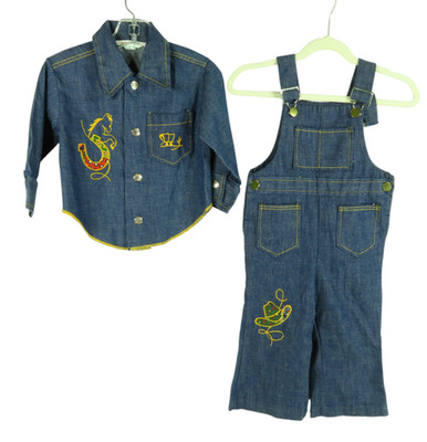 VTG Health-Tex DENIM OVERALLS BUTTON-UP SHIRT Outfit Set Boys Cowboy Western 2T