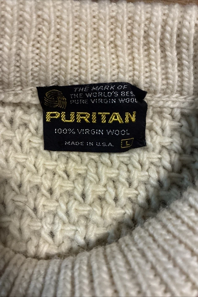 VTG Puritan 100% Virgin Wool Cable Knit Sweater Cream Size Large - Image 4 of 4