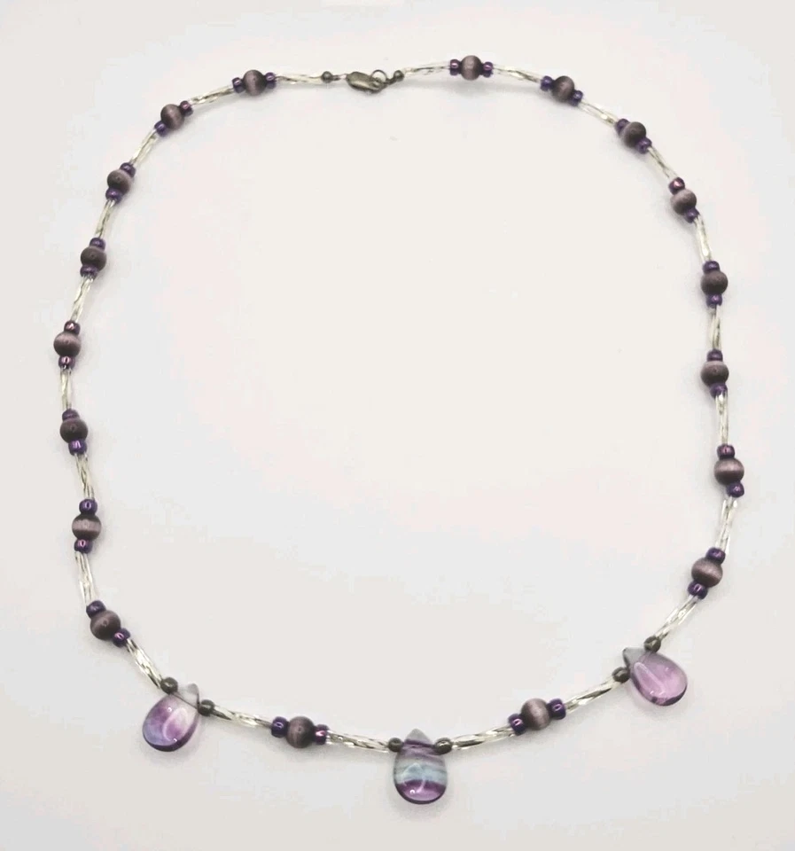 Фиолетовое и прозрачное стеклянное ожерелье с бисером с 3 каплевидными аметистовыми бусинами и 925... - Изображение 2 из 4