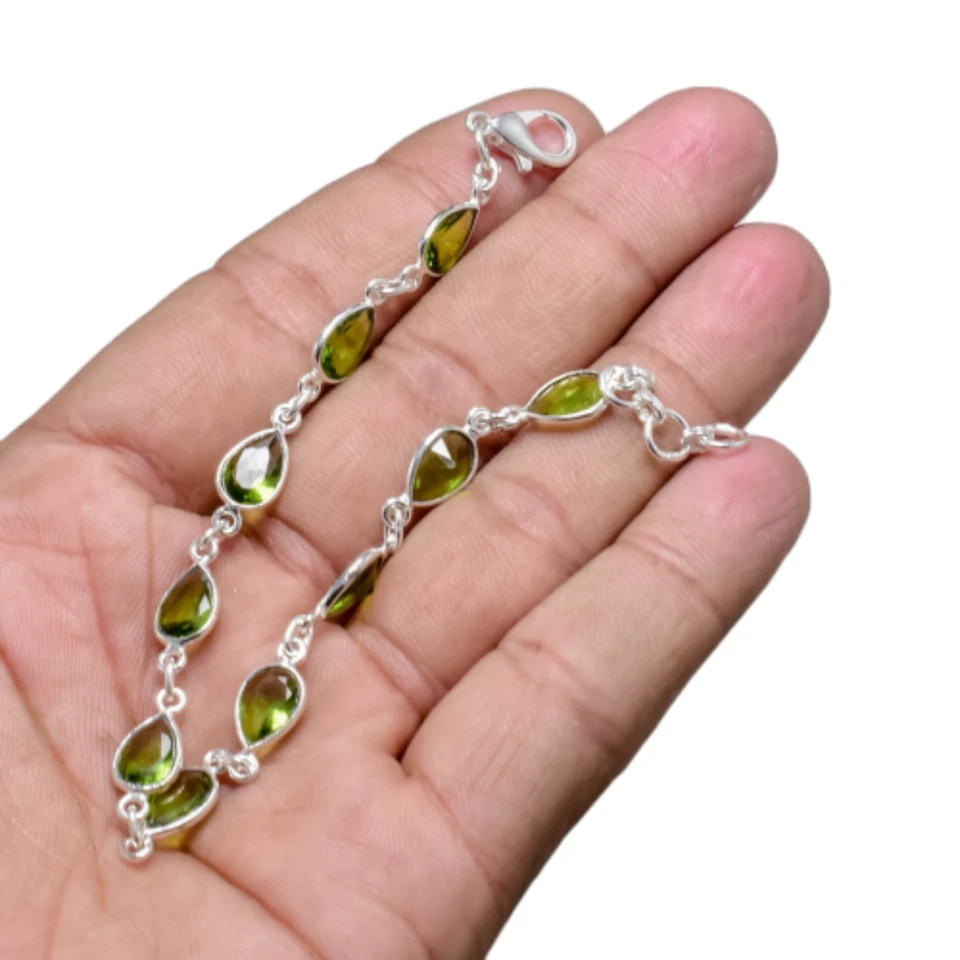 925 Sterling Silver Green Peridot Gemstone Handmade Jewelry Bracelet Size-8" - Image 3 of 4