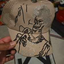 Men's Beige Trucker Hat Skull Graphic Print Mesh Back Adjustable One Size